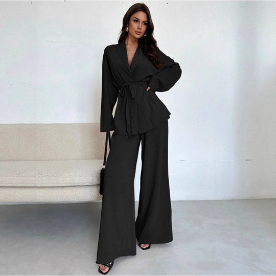 ✨50% OFF!Women’s Elegant V-Neck Top &amp; Wide-Leg Pants 2-Piece Set