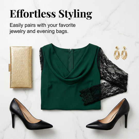 🌸Hot Sale 50% OFF!Elegant Cowl Neck A-Line Dress with Lace Sleeve