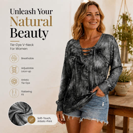 ☀️👚New Arrivals - V-Neck Tie-Dye Top with Lace-Up Detail – Soft Drape &amp; Versatile Style for Any Casual Day