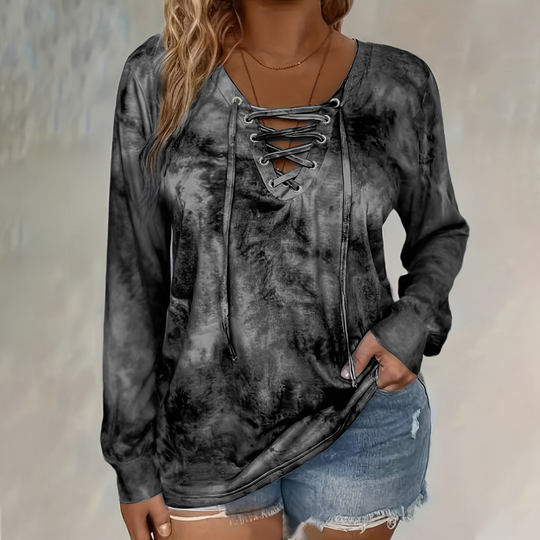☀️👚New Arrivals - V-Neck Tie-Dye Top with Lace-Up Detail – Soft Drape &amp; Versatile Style for Any Casual Day