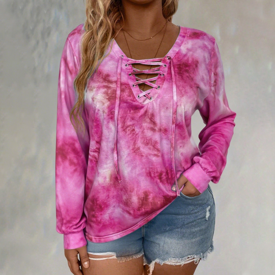☀️👚New Arrivals - V-Neck Tie-Dye Top with Lace-Up Detail – Soft Drape &amp; Versatile Style for Any Casual Day