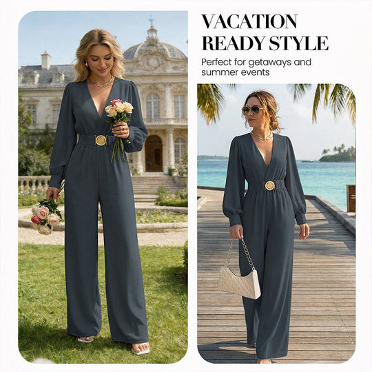 ⌛Limited-Time Discount-Elegant V-Neck Wide-Leg Jumpsuit with Belt