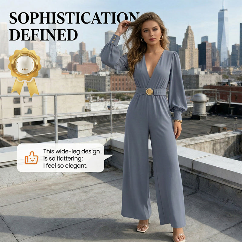 ⌛Limited-Time Discount-Elegant V-Neck Wide-Leg Jumpsuit with Belt