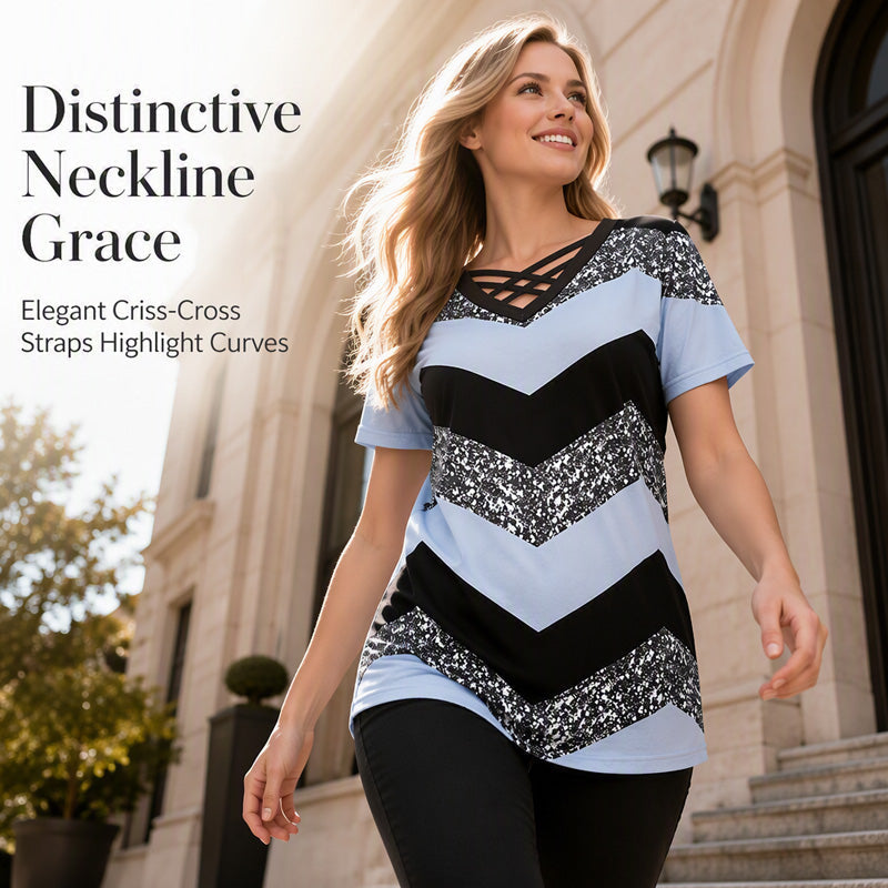 Women Criss Cross V Neck T Shirt Striped Casual Short Sleeve Tee