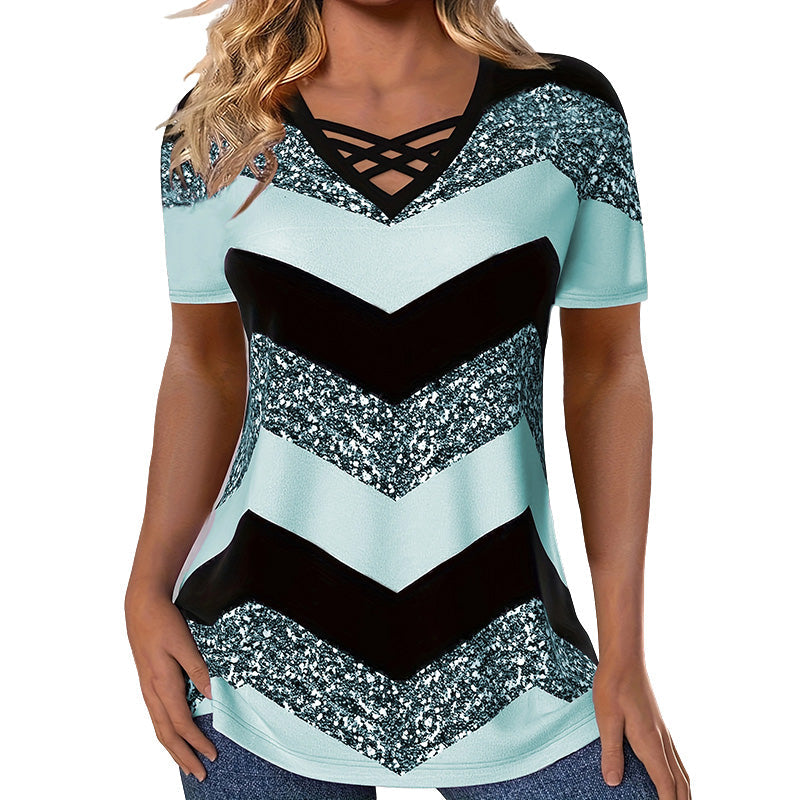 Women Criss Cross V Neck T Shirt Striped Casual Short Sleeve Tee