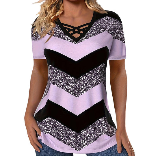 Women Criss Cross V Neck T Shirt Striped Casual Short Sleeve Tee