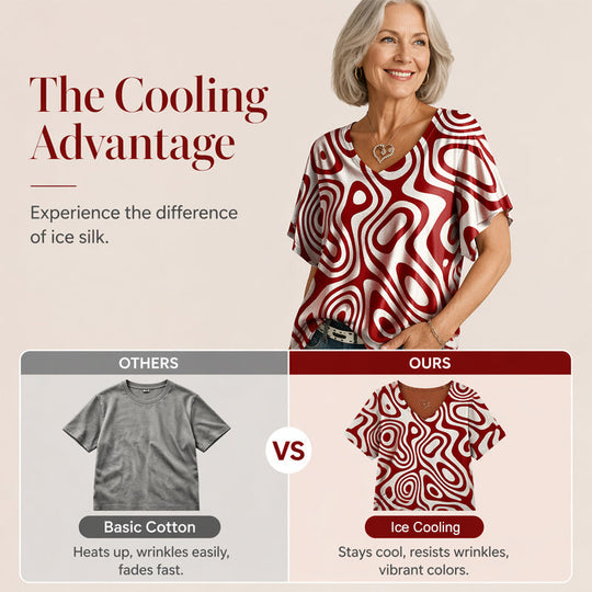 👚New Arrivals - Cooling Fabric V-Neck Top with Artistic Print – Wrinkle-Resistant &amp; Soft Touch for All-Day Wear