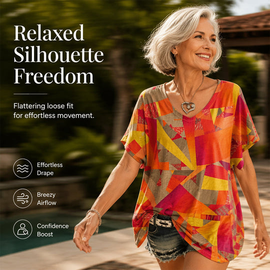 👚New Arrivals - Cooling Fabric V-Neck Top with Artistic Print – Wrinkle-Resistant &amp; Soft Touch for All-Day Wear