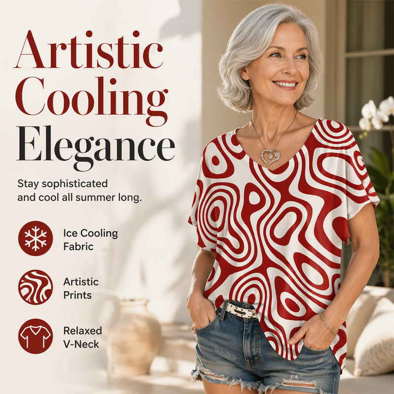 👚New Arrivals - Cooling Fabric V-Neck Top with Artistic Print – Wrinkle-Resistant & Soft Touch for All-Day Wear