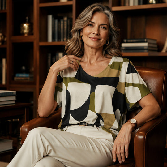 👚New Arrivals - Cooling Fabric V-Neck Top with Artistic Print – Wrinkle-Resistant &amp; Soft Touch for All-Day Wear