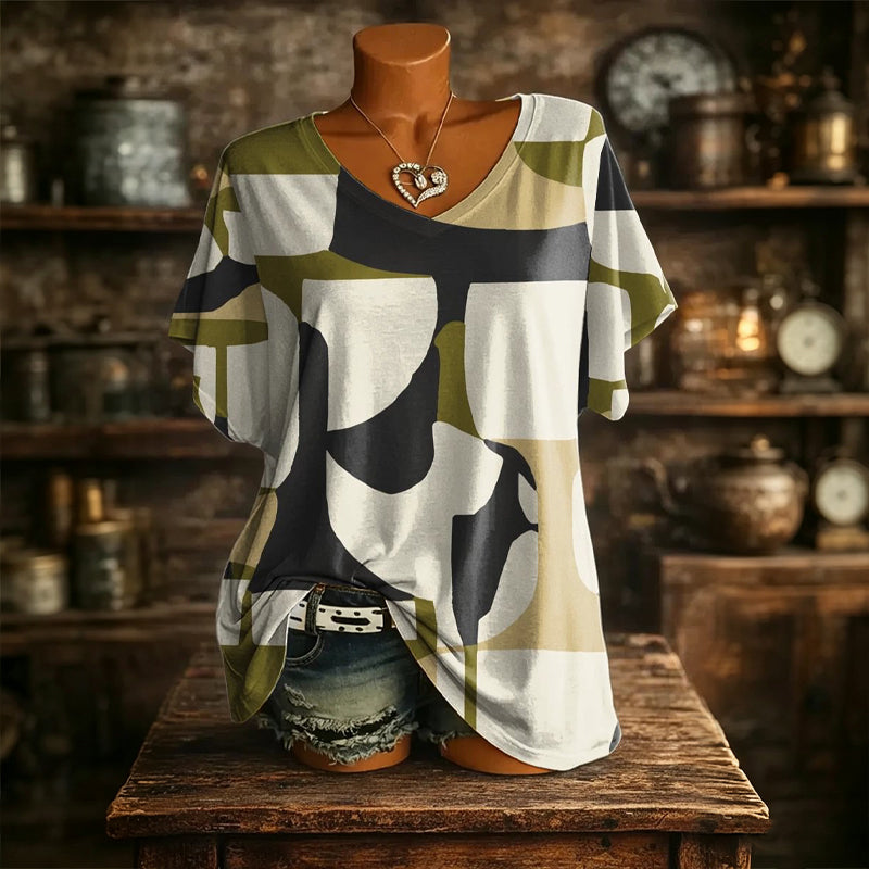 👚New Arrivals - Cooling Fabric V-Neck Top with Artistic Print – Wrinkle-Resistant &amp; Soft Touch for All-Day Wear