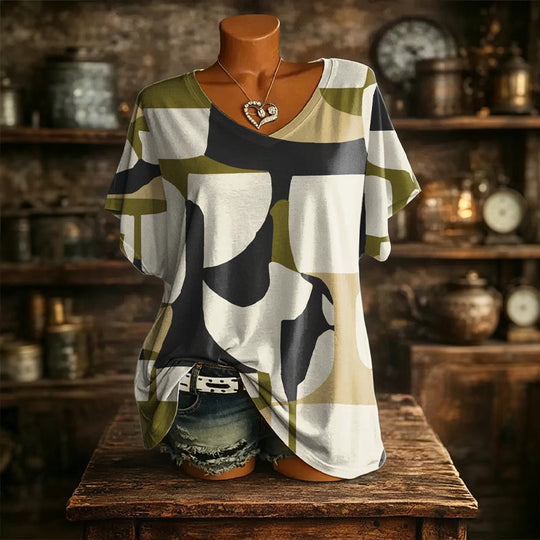 👚New Arrivals - Cooling Fabric V-Neck Top with Artistic Print – Wrinkle-Resistant &amp; Soft Touch for All-Day Wear
