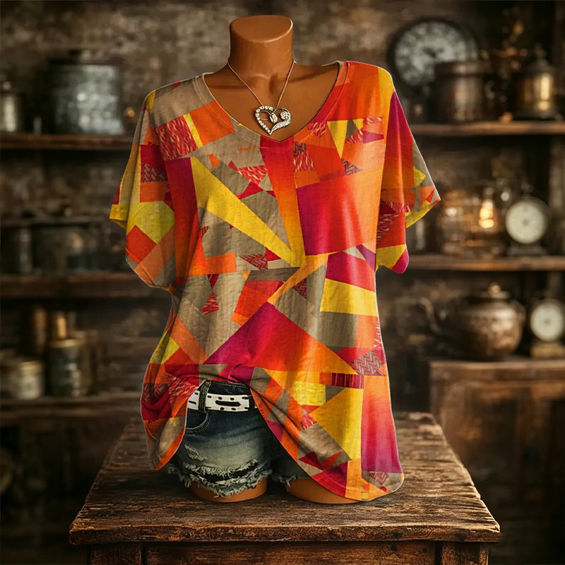 👚New Arrivals - Cooling Fabric V-Neck Top with Artistic Print – Wrinkle-Resistant &amp; Soft Touch for All-Day Wear