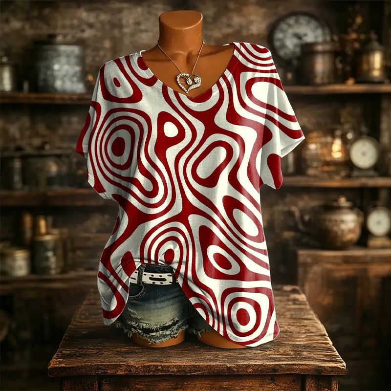 👚New Arrivals - Cooling Fabric V-Neck Top with Artistic Print – Wrinkle-Resistant &amp; Soft Touch for All-Day Wear