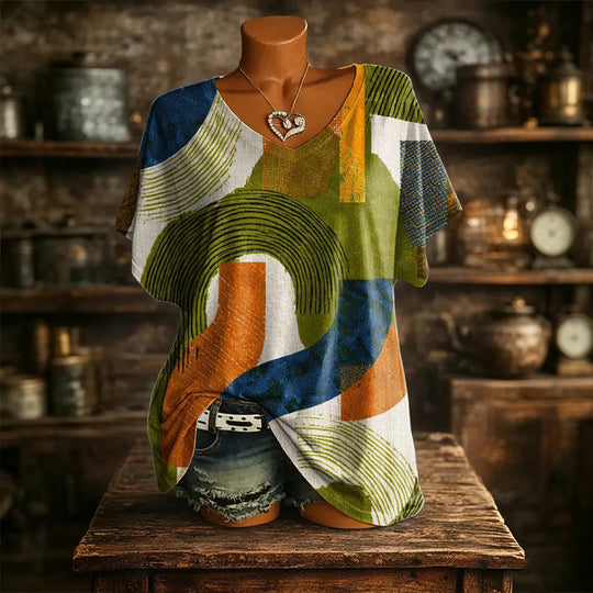 👚New Arrivals - Cooling Fabric V-Neck Top with Artistic Print – Wrinkle-Resistant &amp; Soft Touch for All-Day Wear