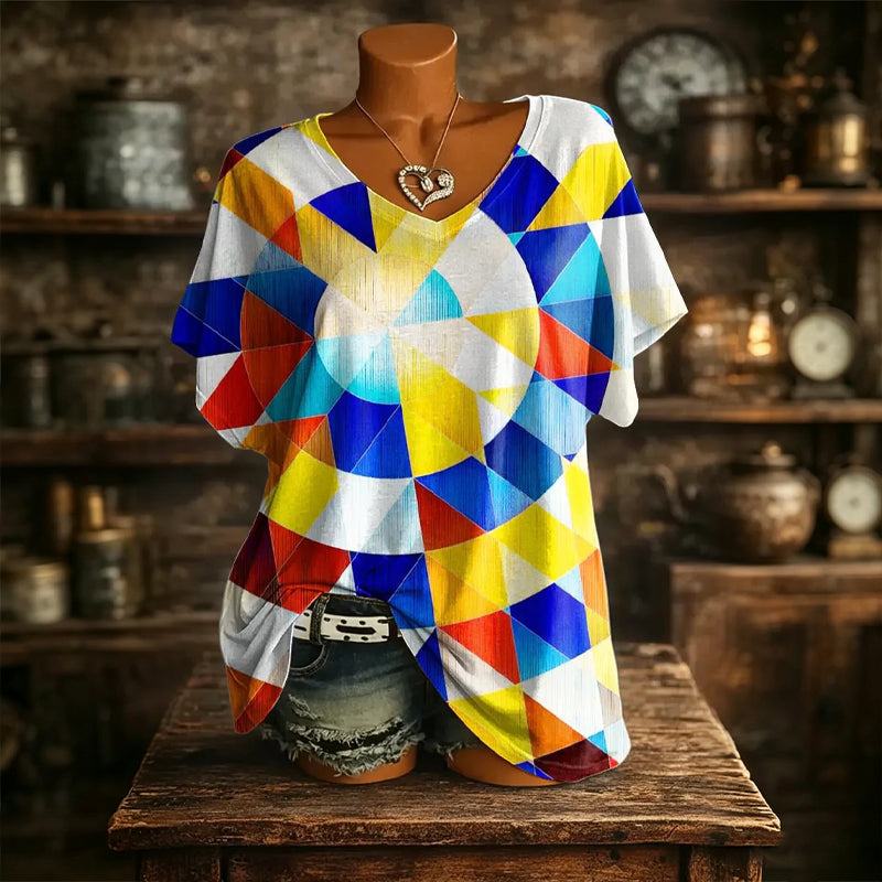 👚New Arrivals - Cooling Fabric V-Neck Top with Artistic Print – Wrinkle-Resistant &amp; Soft Touch for All-Day Wear