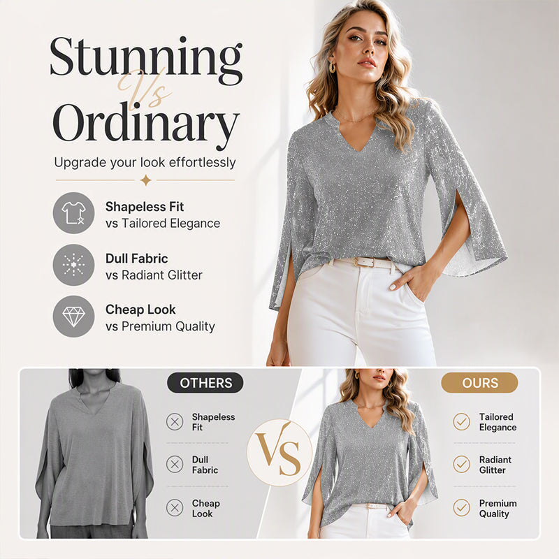 ✨👚New Arrivals - Sparkly Flare Sleeve Top – Shimmering Fabric &amp; Chic Split Cuff for Glamorous Vibes