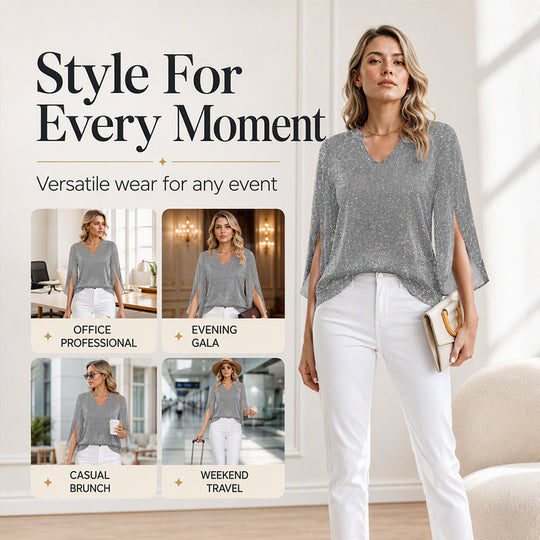 ✨👚New Arrivals - Sparkly Flare Sleeve Top – Shimmering Fabric &amp; Chic Split Cuff for Glamorous Vibes