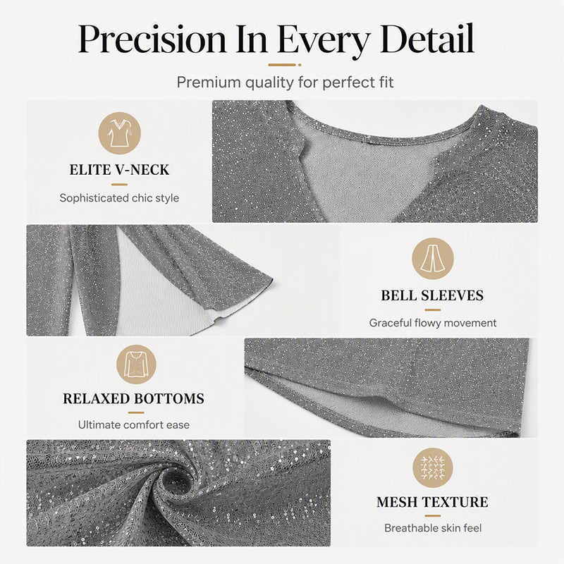 ✨👚New Arrivals - Sparkly Flare Sleeve Top – Shimmering Fabric &amp; Chic Split Cuff for Glamorous Vibes