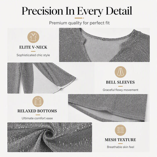 ✨👚New Arrivals - Sparkly Flare Sleeve Top – Shimmering Fabric &amp; Chic Split Cuff for Glamorous Vibes