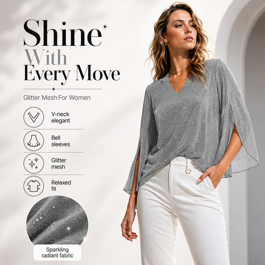 ✨👚New Arrivals - Sparkly Flare Sleeve Top – Shimmering Fabric &amp; Chic Split Cuff for Glamorous Vibes