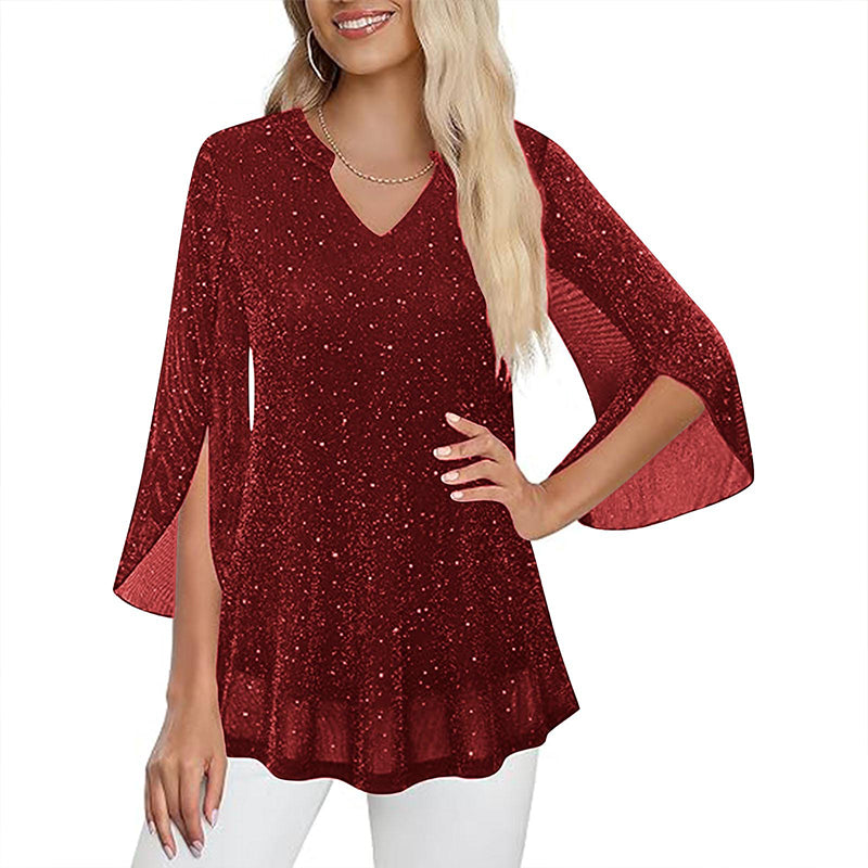 ✨👚New Arrivals - Sparkly Flare Sleeve Top – Shimmering Fabric &amp; Chic Split Cuff for Glamorous Vibes