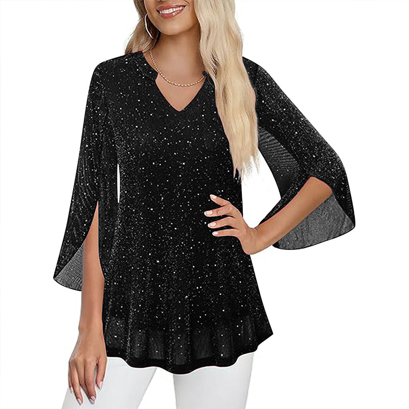✨👚New Arrivals - Sparkly Flare Sleeve Top – Shimmering Fabric &amp; Chic Split Cuff for Glamorous Vibes
