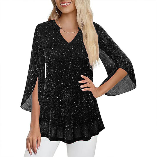 ✨👚New Arrivals - Sparkly Flare Sleeve Top – Shimmering Fabric &amp; Chic Split Cuff for Glamorous Vibes