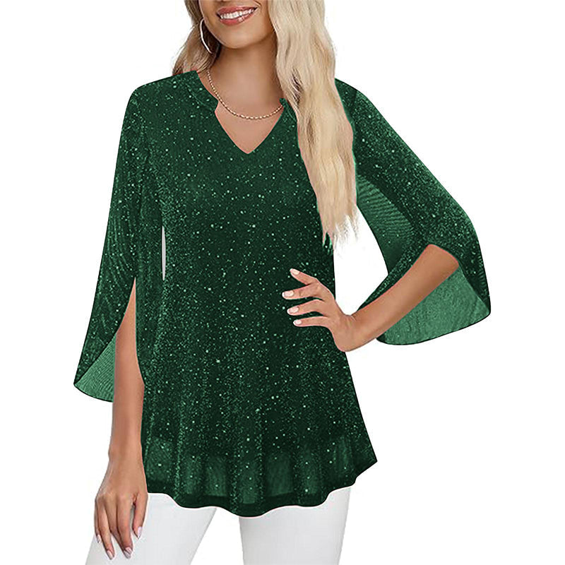 ✨👚New Arrivals - Sparkly Flare Sleeve Top – Shimmering Fabric &amp; Chic Split Cuff for Glamorous Vibes