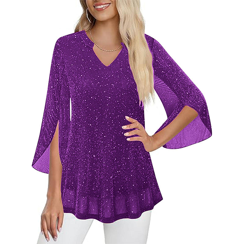 ✨👚New Arrivals - Sparkly Flare Sleeve Top – Shimmering Fabric &amp; Chic Split Cuff for Glamorous Vibes