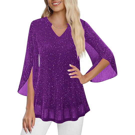 ✨👚New Arrivals - Sparkly Flare Sleeve Top – Shimmering Fabric &amp; Chic Split Cuff for Glamorous Vibes