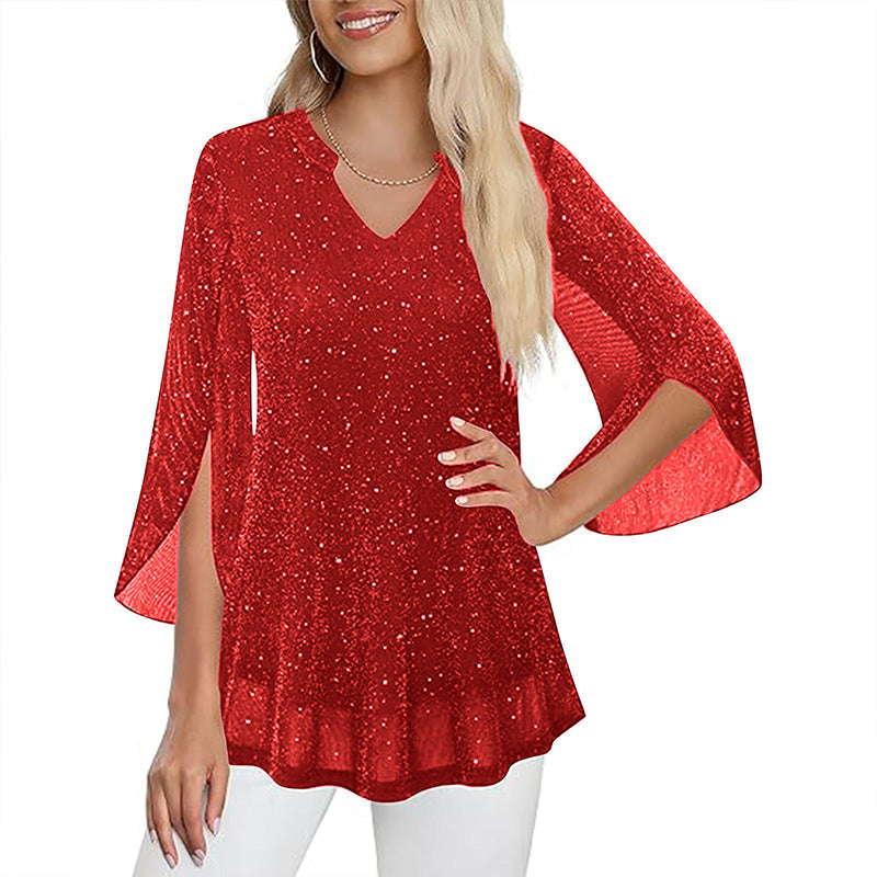 ✨👚New Arrivals - Sparkly Flare Sleeve Top – Shimmering Fabric &amp; Chic Split Cuff for Glamorous Vibes