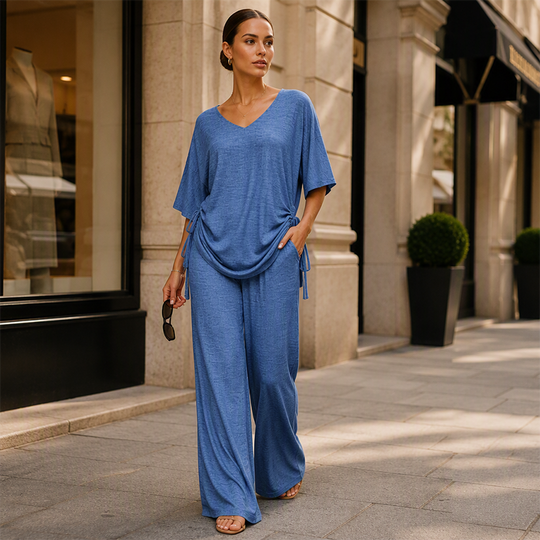 ✨🔥 Women’s Casual V-Neck Top &amp; Wide-Leg Pants Set