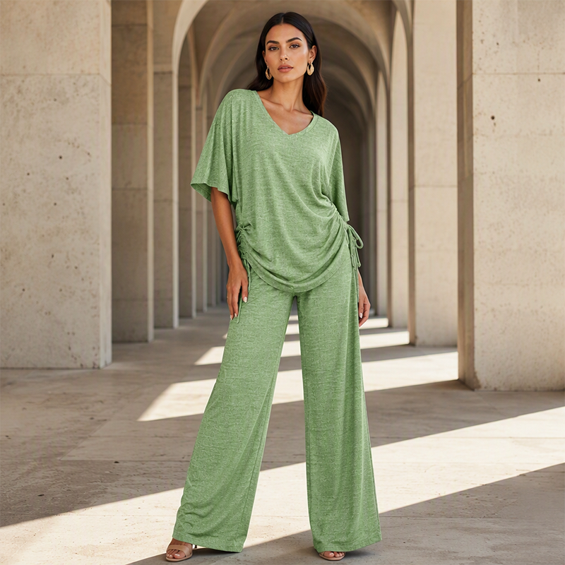 ✨🔥 Women’s Casual V-Neck Top &amp; Wide-Leg Pants Set