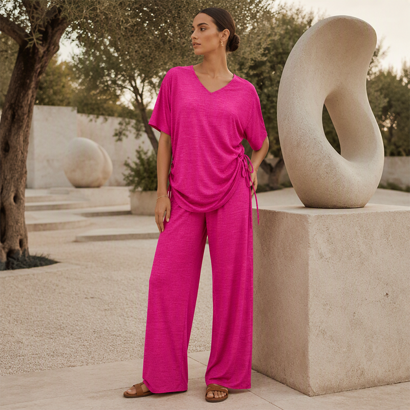 ✨🔥 Women’s Casual V-Neck Top &amp; Wide-Leg Pants Set
