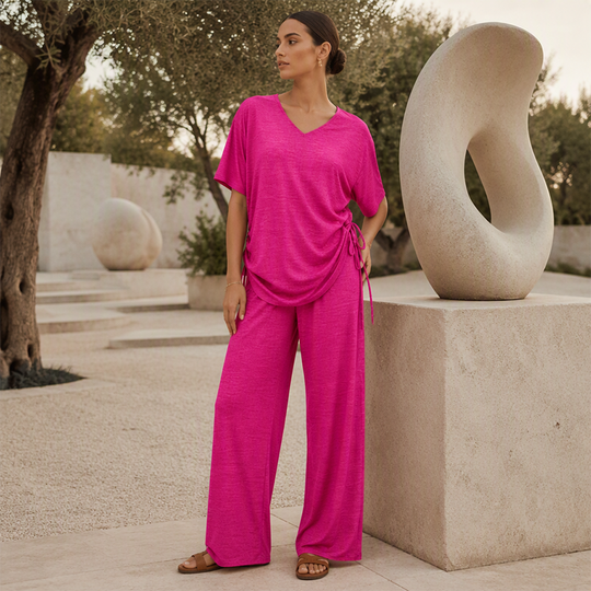 ✨🔥 Women’s Casual V-Neck Top &amp; Wide-Leg Pants Set