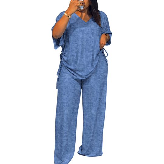 ✨🔥 Women’s Casual V-Neck Top &amp; Wide-Leg Pants Set