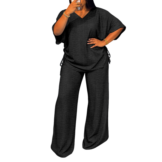 ✨🔥 Women’s Casual V-Neck Top &amp; Wide-Leg Pants Set