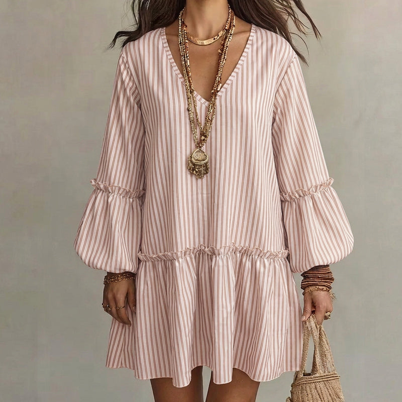 🌸👗New Arrivals - Striped Lantern Sleeve Midi Dress – Flattering V-Neck &amp; Breezy Silhouette for Any Casual Day