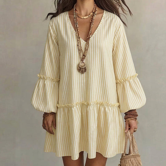 🌸👗New Arrivals - Striped Lantern Sleeve Midi Dress – Flattering V-Neck &amp; Breezy Silhouette for Any Casual Day