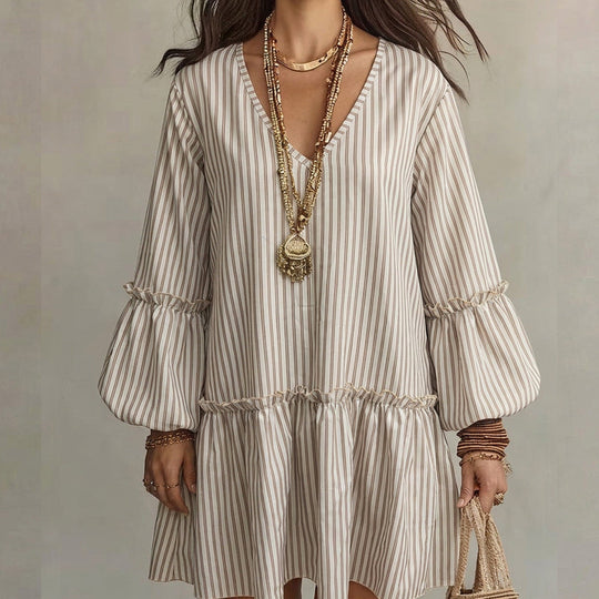 🌸👗New Arrivals - Striped Lantern Sleeve Midi Dress – Flattering V-Neck &amp; Breezy Silhouette for Any Casual Day