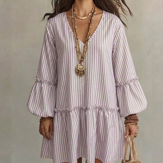 🌸👗New Arrivals - Striped Lantern Sleeve Midi Dress – Flattering V-Neck &amp; Breezy Silhouette for Any Casual Day