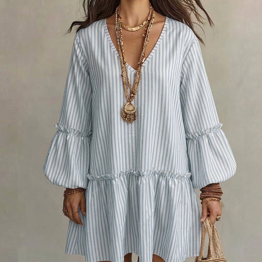 🌸👗New Arrivals - Striped Lantern Sleeve Midi Dress – Flattering V-Neck &amp; Breezy Silhouette for Any Casual Day
