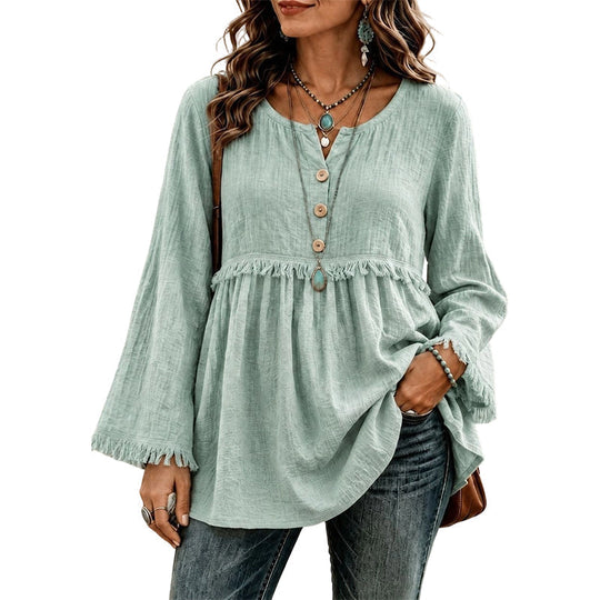 👚New Arrivals - Fringe Trim Casual Top – Soft Fabric &amp; Easy Pairing with Jeans or Skirts for Any Occasion