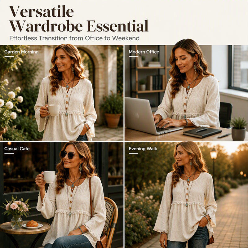 👚New Arrivals - Fringe Trim Casual Top – Soft Fabric &amp; Easy Pairing with Jeans or Skirts for Any Occasion