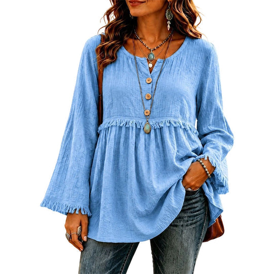 👚New Arrivals - Fringe Trim Casual Top – Soft Fabric &amp; Easy Pairing with Jeans or Skirts for Any Occasion