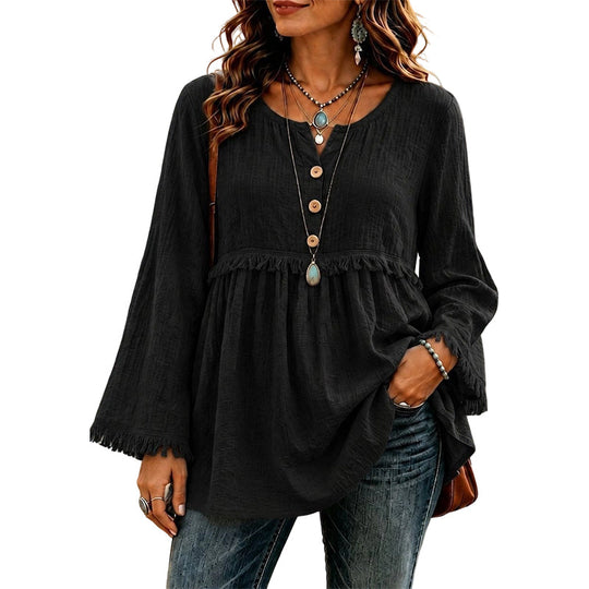 👚New Arrivals - Fringe Trim Casual Top – Soft Fabric &amp; Easy Pairing with Jeans or Skirts for Any Occasion
