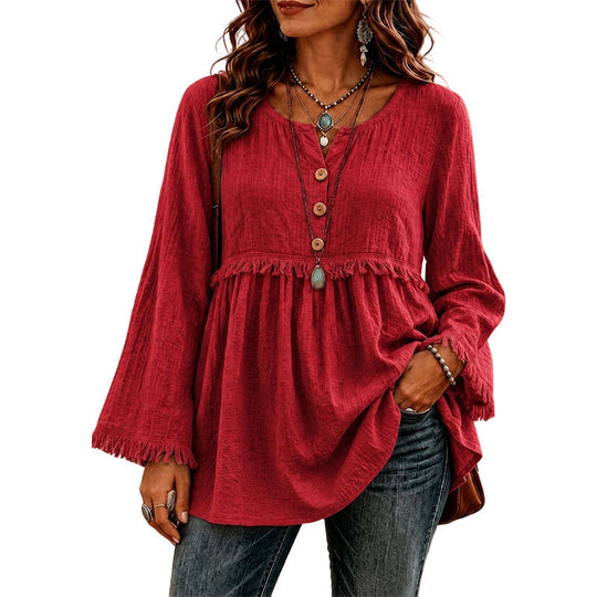 👚New Arrivals - Fringe Trim Casual Top – Soft Fabric &amp; Easy Pairing with Jeans or Skirts for Any Occasion