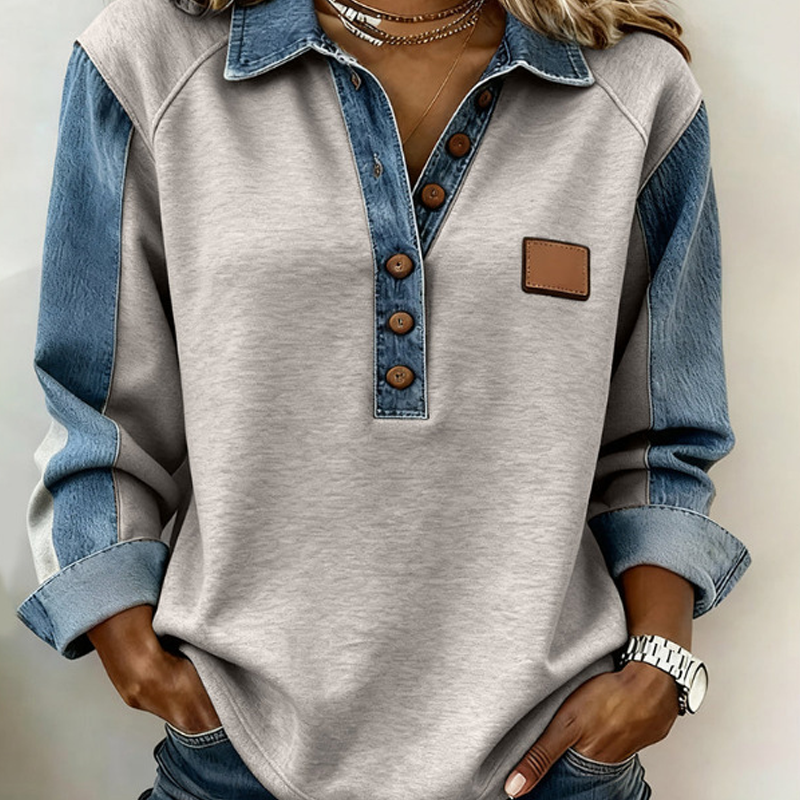 ⏰Last Day Sale 50% Off 💃 Women’s Denim Patchwork Lapel Long-Sleeve Shirt