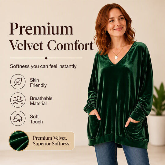 ☀️👚Seasonal Style - V-Neck Velvet Blouse with Long Sleeves – Cozy Warmth &amp; Sophisticated Shine for Cooler Days
